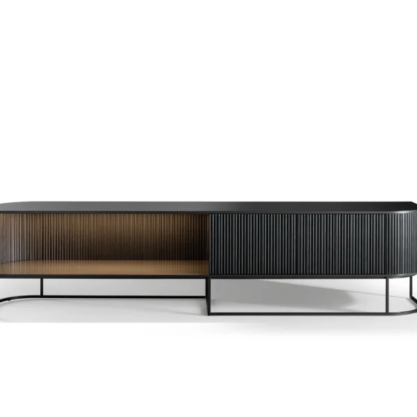 Bonaldo Dune TV stand with wavy wooden front doors in Canaletto walnut and bronze lacquered wood, featuring a low-profile plinth base.