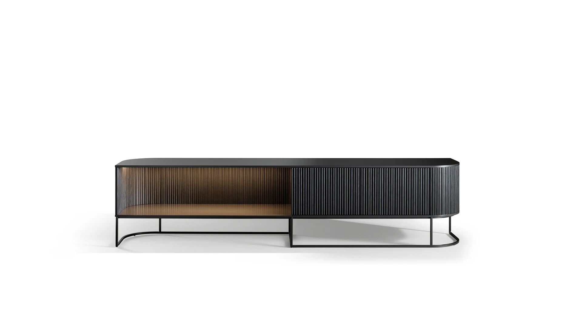 Bonaldo Dune TV stand with wavy wooden front doors in Canaletto walnut and bronze lacquered wood, featuring a low-profile plinth base.
