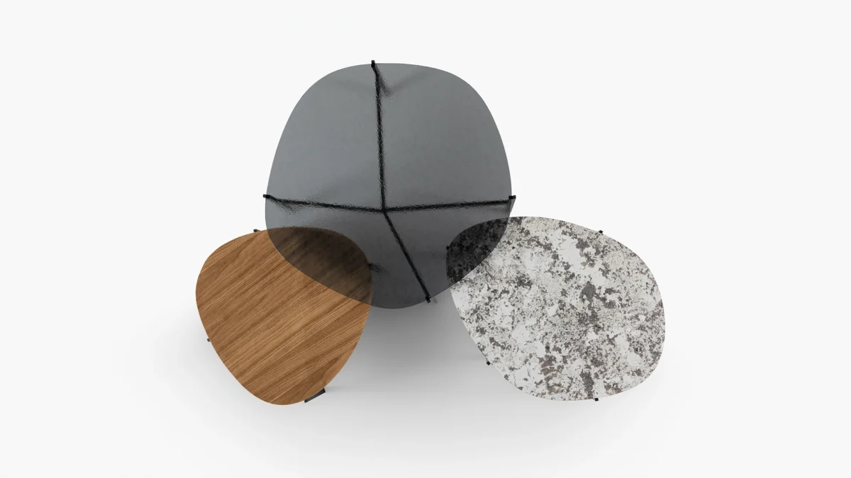 Contemporary Flac medium coffee table by Fabrice Berrux for Bonaldo, veneered wood top in Canaletto walnut floating on matte bronze base