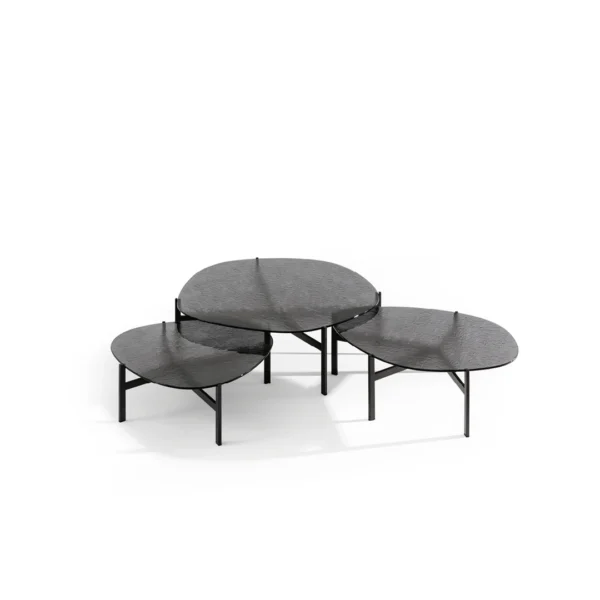 Bonaldo Flac coffee table low in bronzed tempered glass with slender bronze‑finished metal base, evoking a water‑surface ripple effect