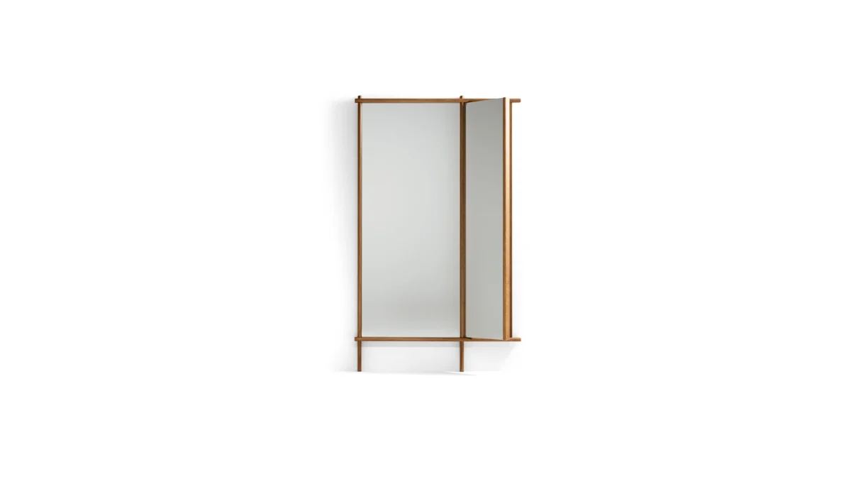 Bonaldo Isola mirror with slim metal frame and sculptural circular shelf at the base