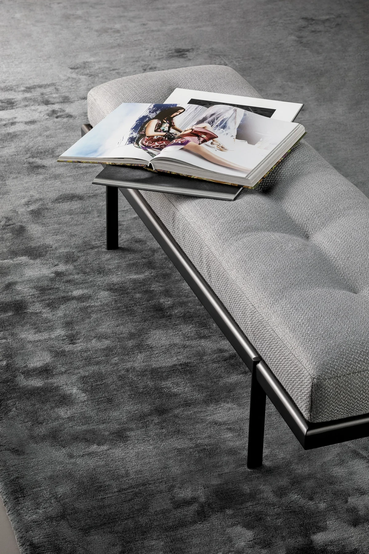 James Bench by Bonaldo designed as complementary piece to bed, upholstered in removable fabric or leather with clean metal support