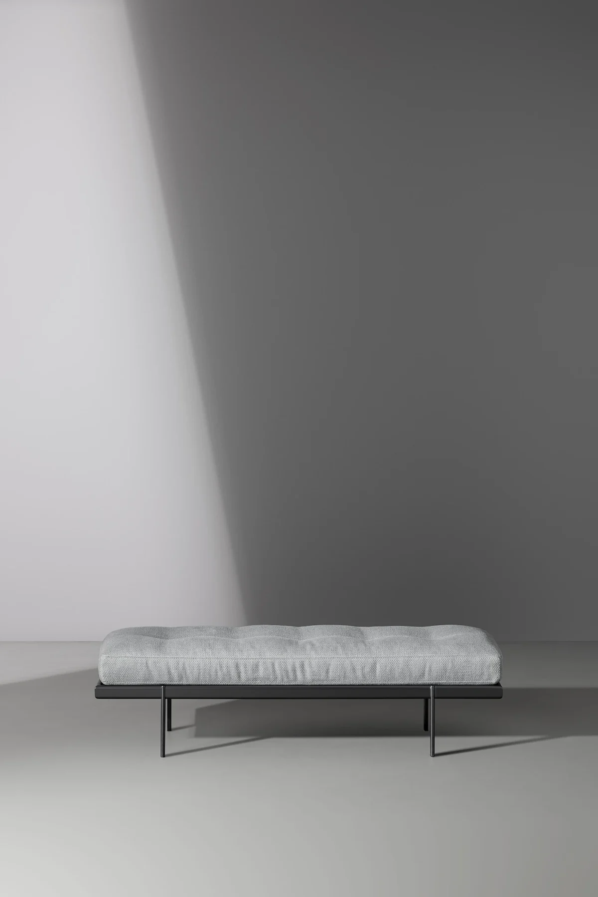 Bonaldo James Bench, 144 cm wide padded bench on four cylindrical metal legs, inspired by classic tailoring aesthetics