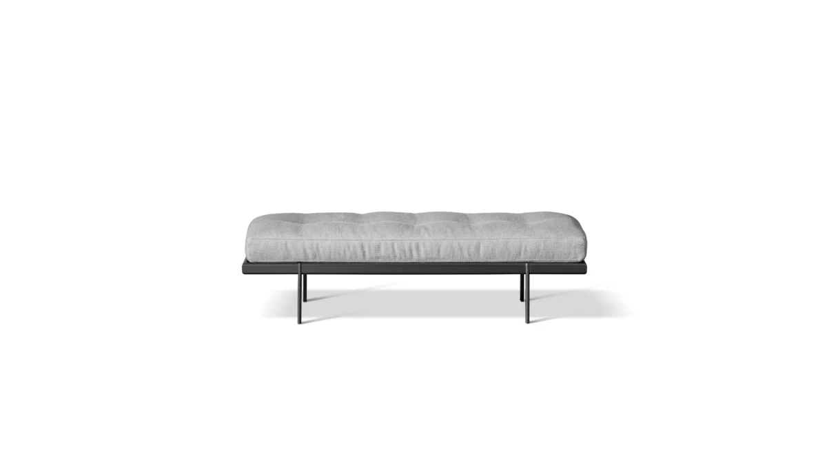 Bonaldo James Bench by Sergio Bicego with quilted padded seat upholstered in fabric or leather over cylindrical metal legs and removable covers
