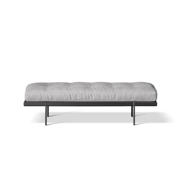 Bonaldo James Bench by Sergio Bicego with quilted padded seat upholstered in fabric or leather over cylindrical metal legs and removable covers