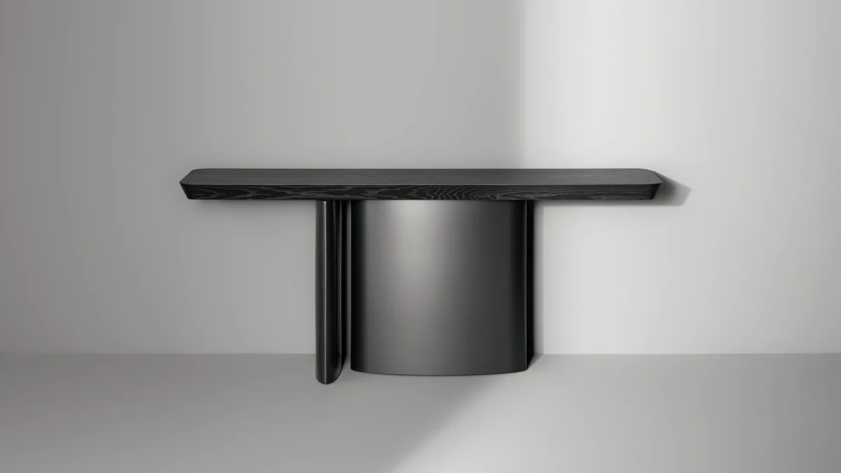 Contemporary One Console by Bonaldo, designed by Alain Gilles, with legs very close to each other, generating visual instability.