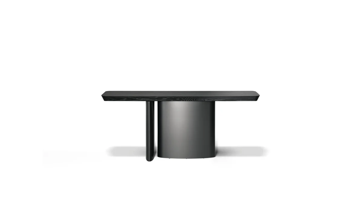 Bonaldo One Console with brushed coal oak top and matte lead-painted metal base, featuring a minimalist design inspired by prehistoric dolmens.