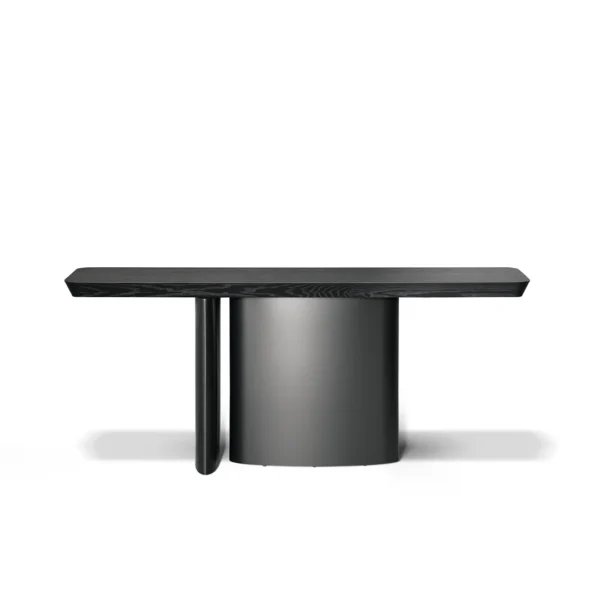 Bonaldo One Console with brushed coal oak top and matte lead-painted metal base, featuring a minimalist design inspired by prehistoric dolmens.
