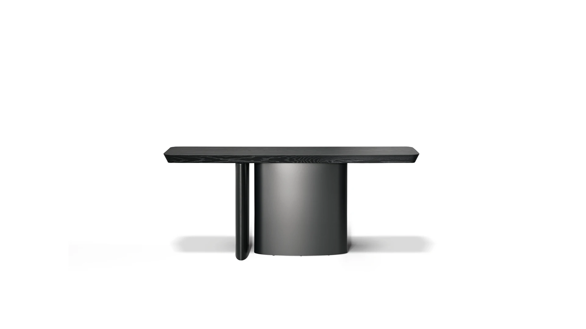 Bonaldo One Console with brushed coal oak top and matte lead-painted metal base, featuring a minimalist design inspired by prehistoric dolmens.