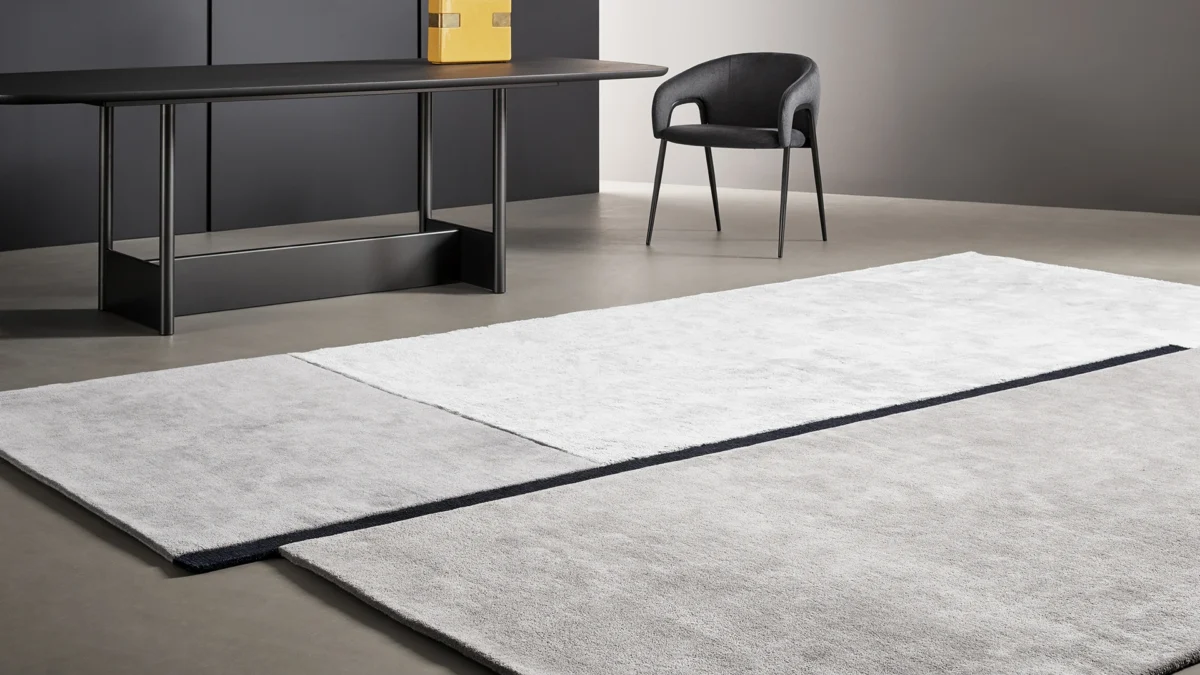 Contemporary Rabat area rug by Bonaldo in grey tones with staggered rectangular shapes and textural contrast