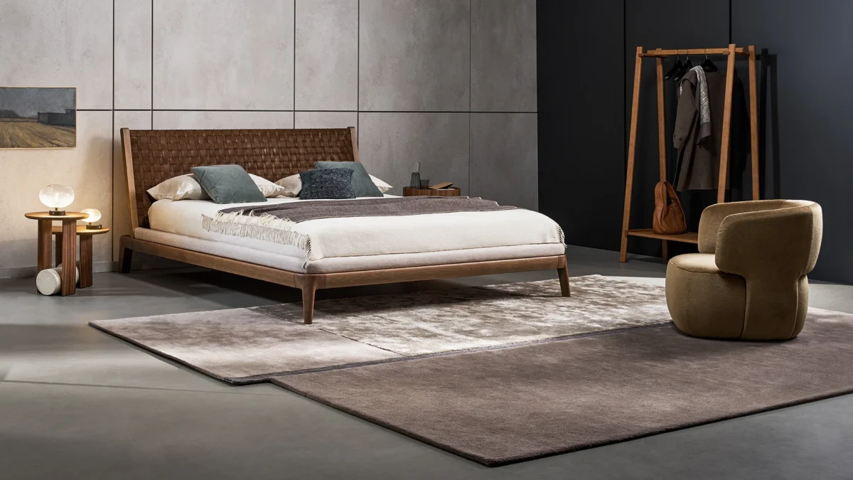 Bonaldo Rabat rectangular rug dividing two non‑identical panels with vertical darker profile in eco‑friendly Tencel