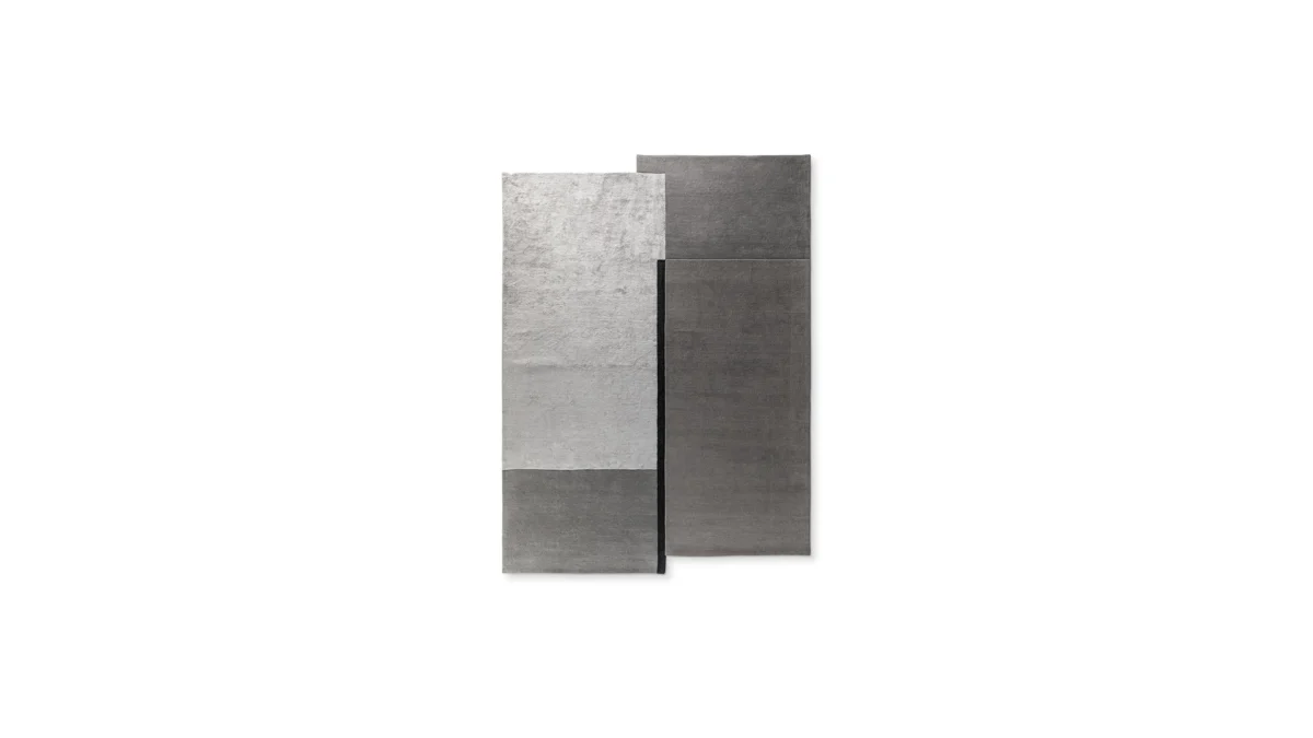 Bonaldo Rabat rug in brown wool‑Tencel blend featuring asymmetric geometric panels with dark central stripe