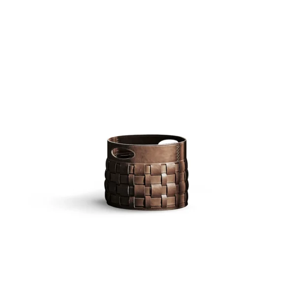 Bonaldo Roger leather basket in dark brown full-grain emery leather with woven profile and cut-out handles