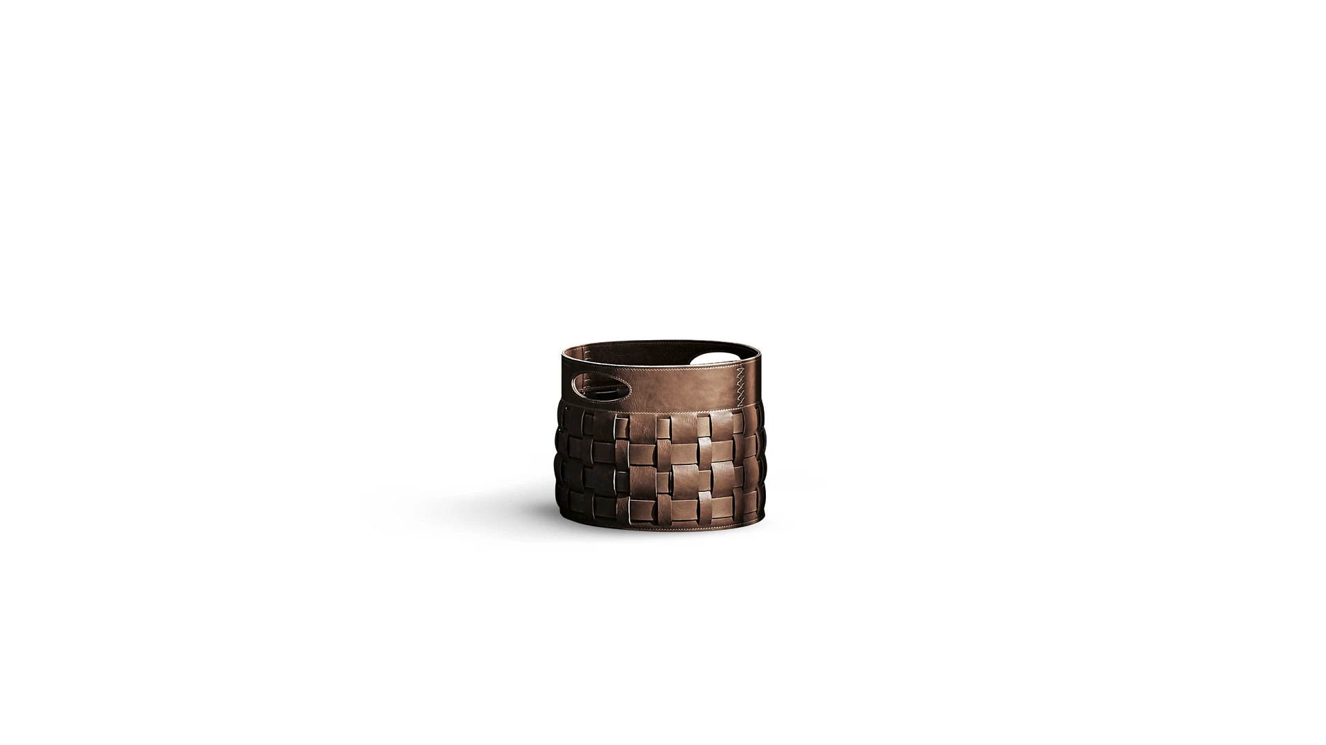 Bonaldo Roger leather basket in dark brown full-grain emery leather with woven profile and cut-out handles