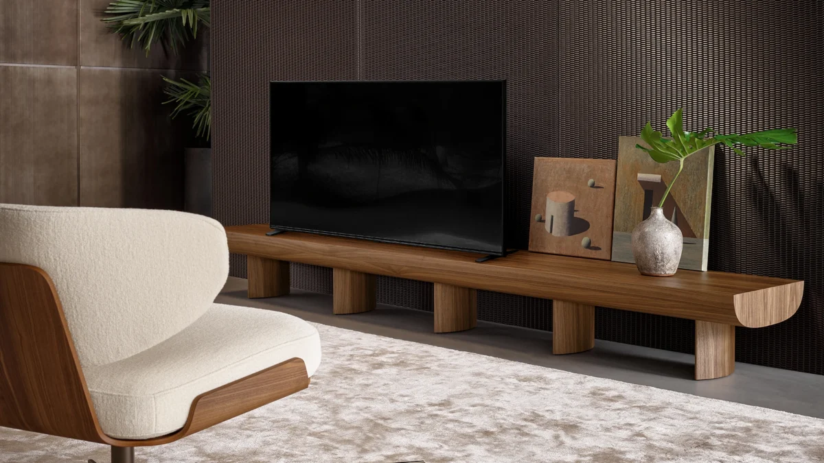 Bonaldo Sculptural console by Alain Gilles, large solid wood top with flowing downward curve and integrated cable trough