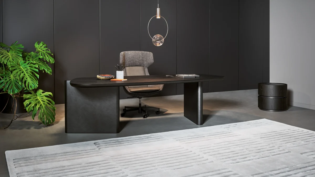 Bonaldo Tangeri rug in light grey wool‑Tencel blend with raised geometric relief pattern