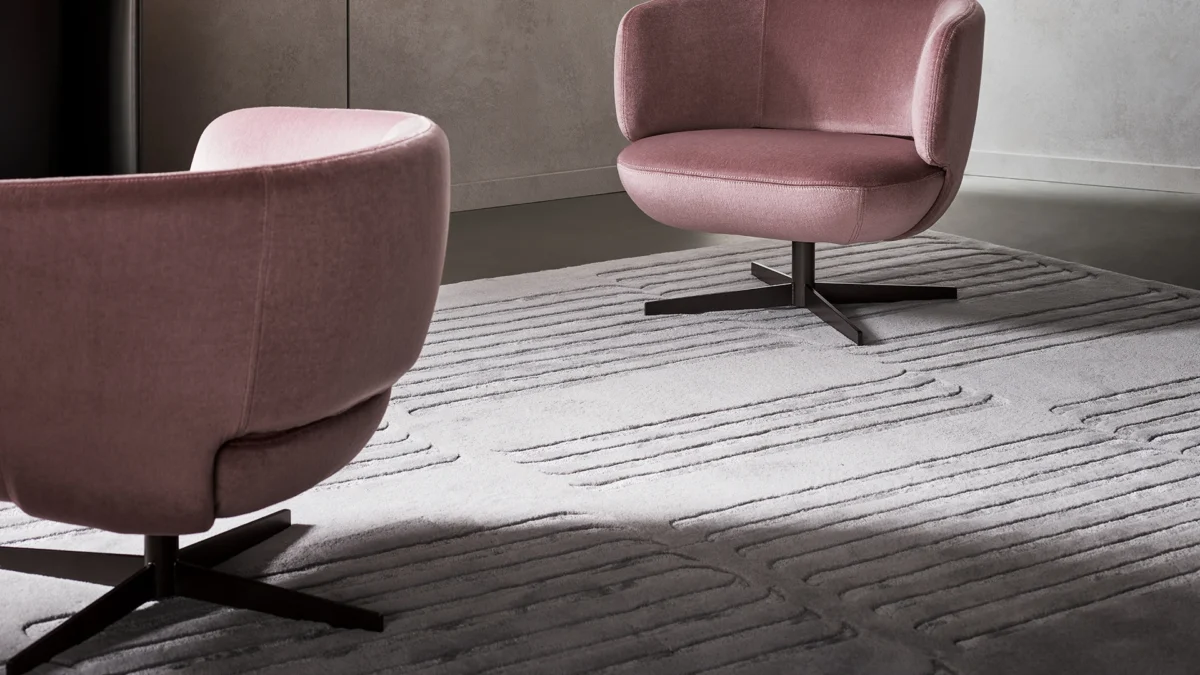 Elegant Bonaldo Tangeri neutral area rug with geometric bas‑relief detailing, ideal for living rooms