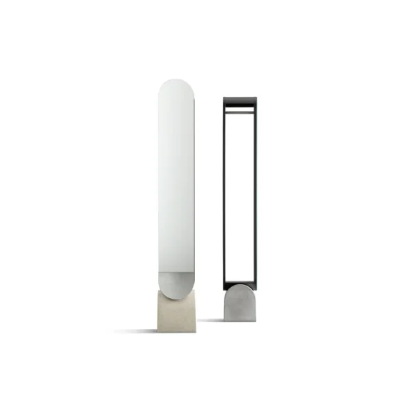 Bonaldo Vague mirror with concrete base, metal frame, dual mirrored and wood panels, and integrated coat rod