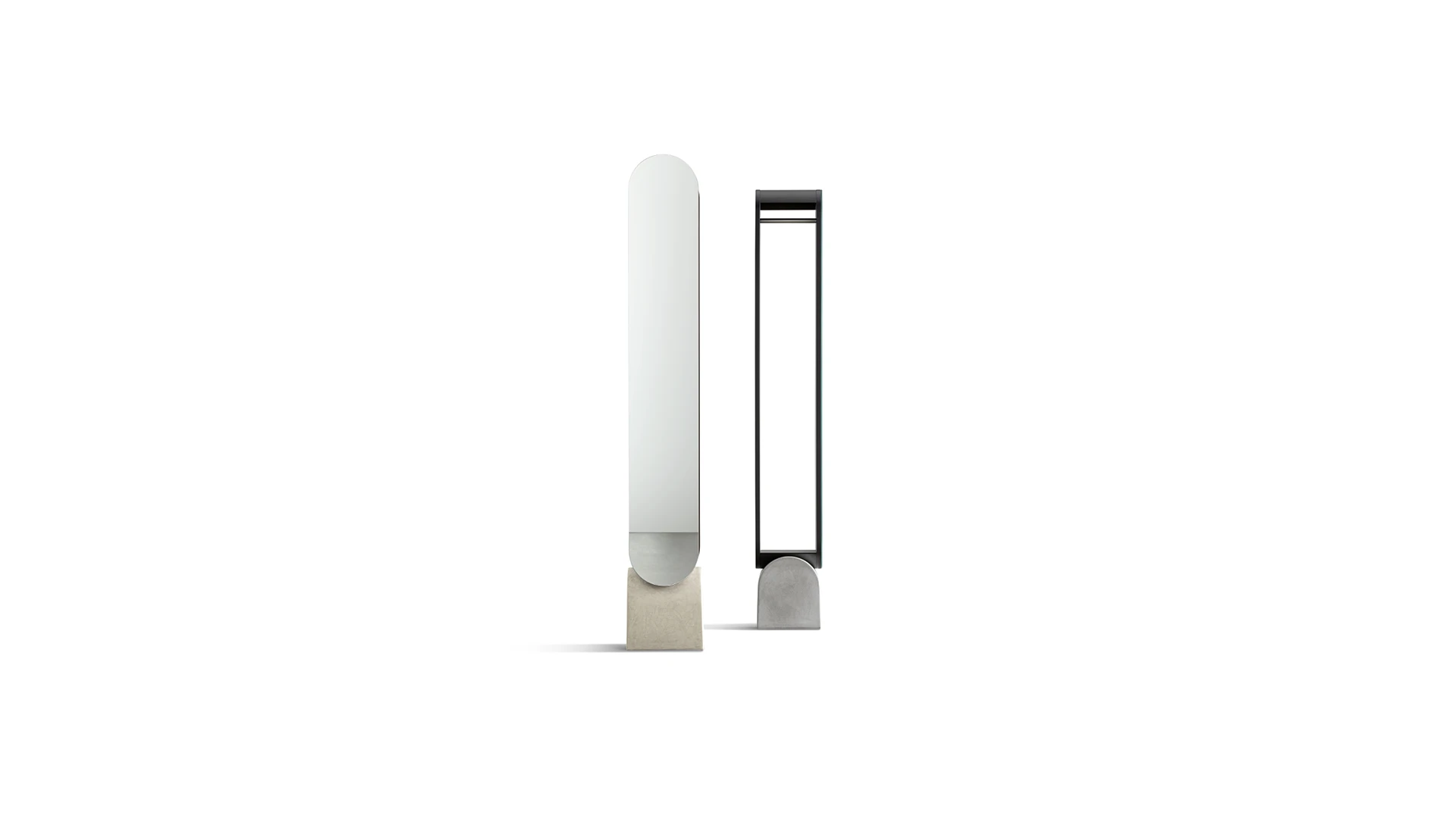 Bonaldo Vague mirror with concrete base, metal frame, dual mirrored and wood panels, and integrated coat rod