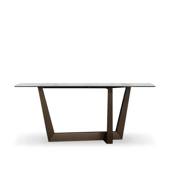 "Art Console with dark ceramic top and angular base, blending art and functionality."