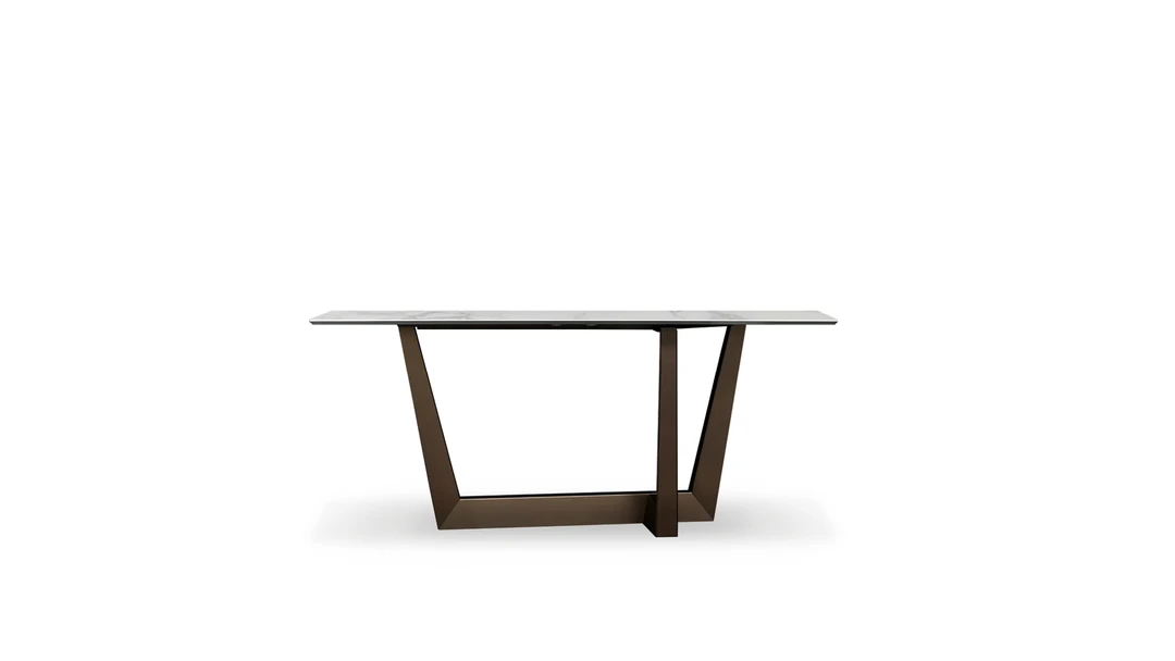 "Art Console with dark ceramic top and angular base, blending art and functionality."