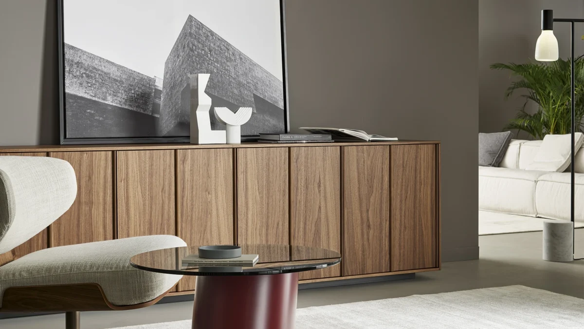 Bonaldo Backdrop storage unit featuring vertical cuts that function as hidden handles for a sleek minimalist look.