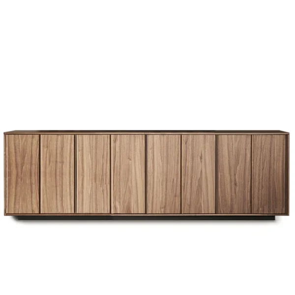 Bonaldo Backdrop sideboard with vertical slatted wood doors, matte lacquer finish, and plinth base in black metal.
