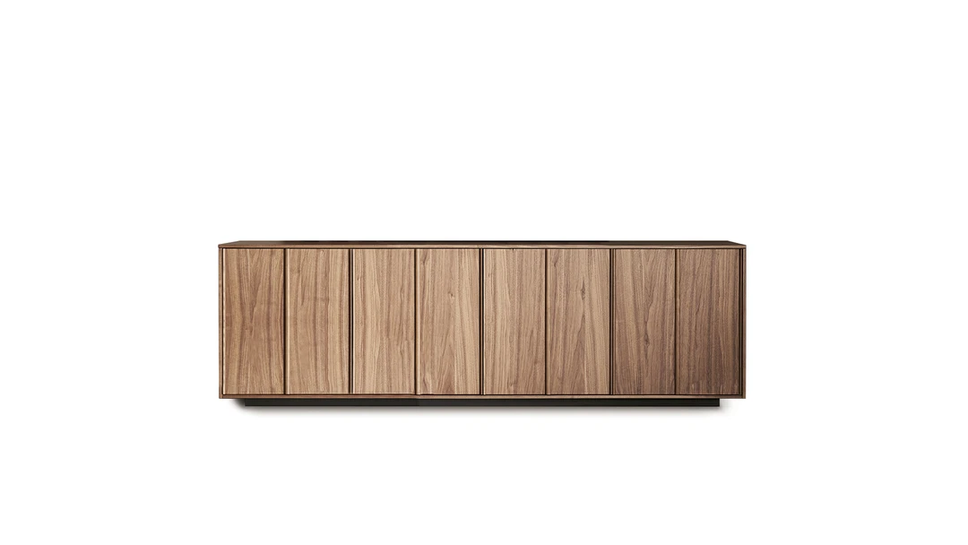Bonaldo Backdrop sideboard with vertical slatted wood doors, matte lacquer finish, and plinth base in black metal.