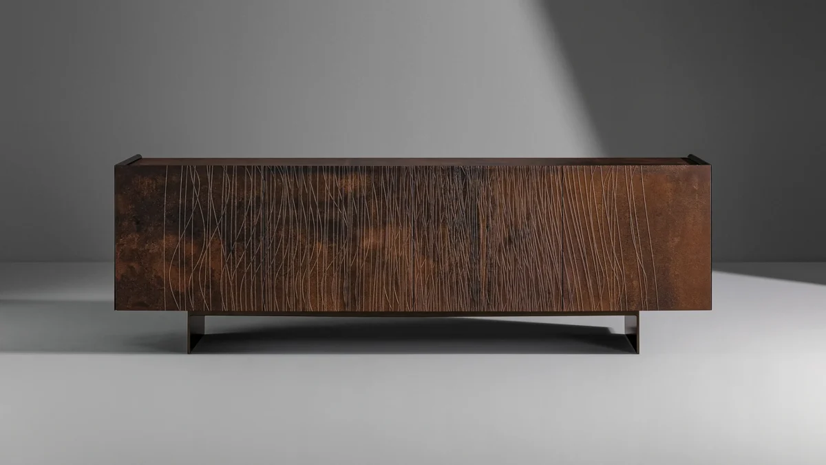 Bonaldo Blush sideboard with subtle relief pattern on wood front, available in 59 or 71 cm height with plinth or foot base.