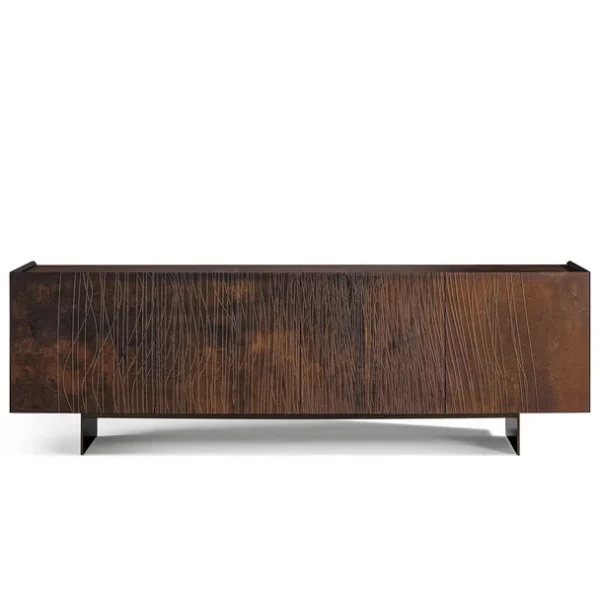 Bonaldo Blush sideboard in corten‑effect wood with abstract relief grooves and bronze or lead double‑blade metal base.