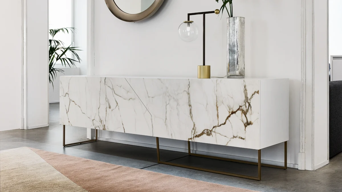 Bonaldo Doppler K sideboard with engineered wood painted frame, asymmetrically opening ceramic fronts, and minimalist ash‑metal base.