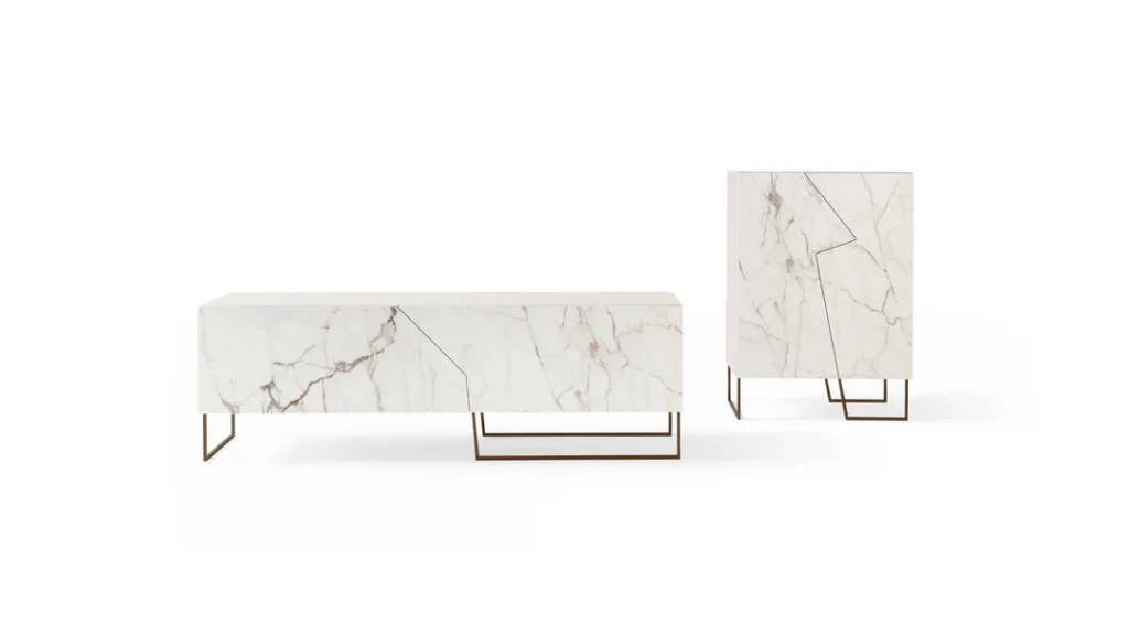 Bonaldo Doppler K low sideboard by Giuseppe Viganò, featuring asymmetrical ceramic-clad doors and a sleek metal base.