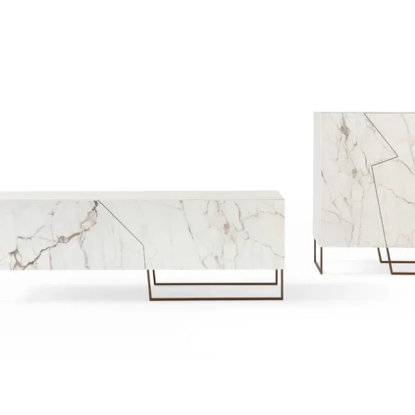 Bonaldo Doppler K low sideboard by Giuseppe Viganò, featuring asymmetrical ceramic-clad doors and a sleek metal base.