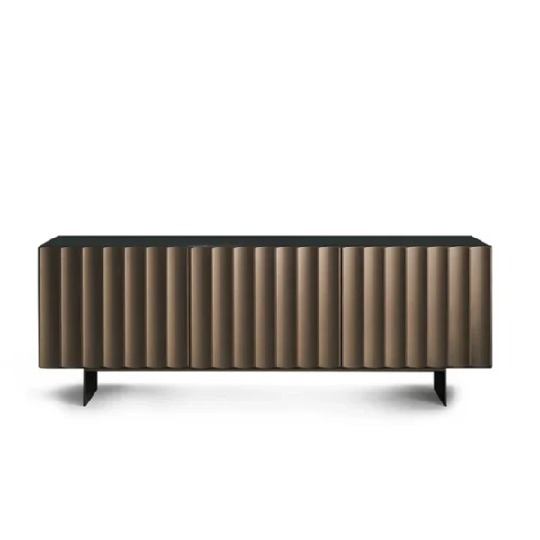 Bonaldo Dorian sideboard with vertical grooved matte lacquered doors and metal base in white, bronze, or lead finish.