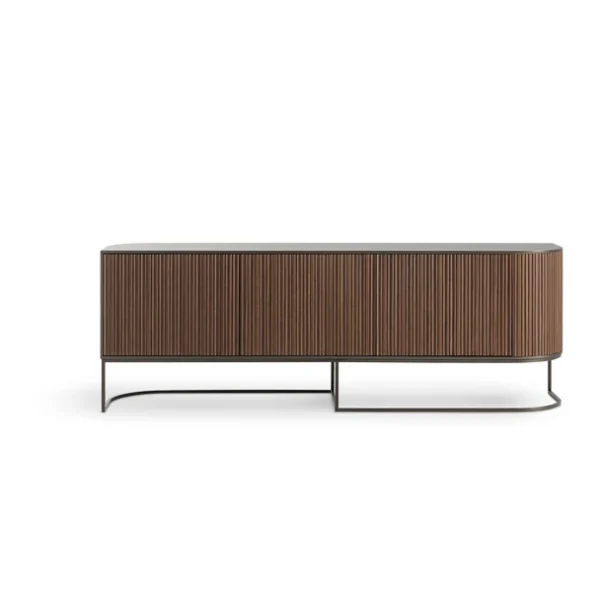 Bonaldo Dune sideboard by Giuseppe Viganò with wavy wood veneer doors, asymmetrical metal base, and alternating light‑shadow surface motion