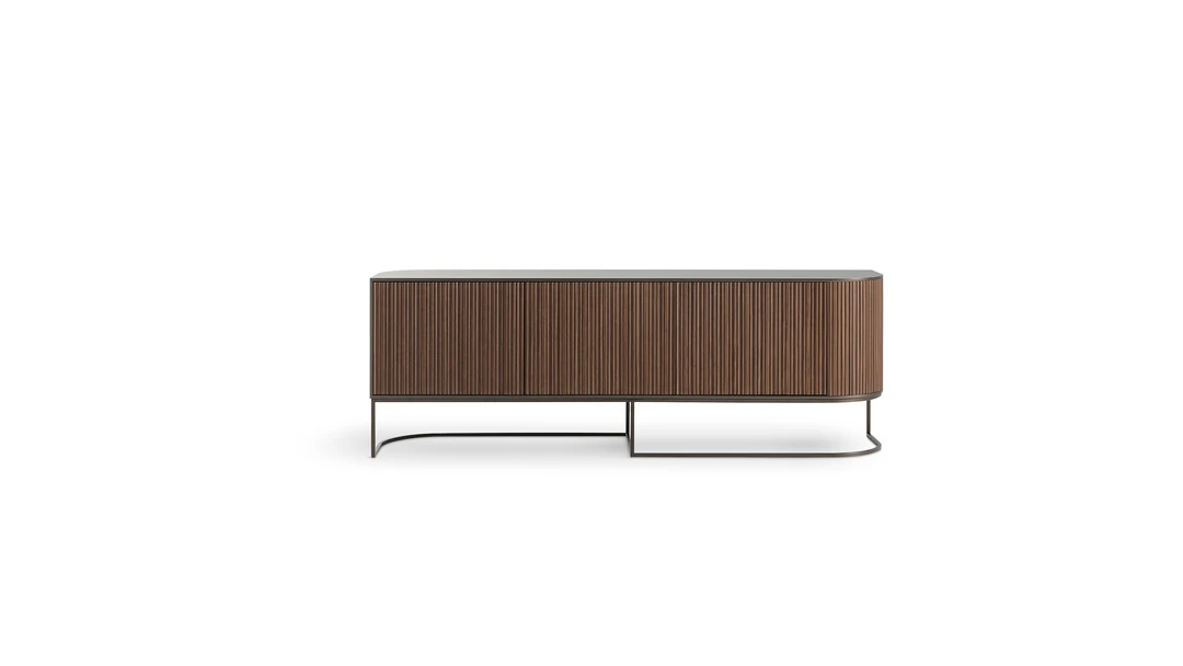 Bonaldo Dune sideboard by Giuseppe Viganò with wavy wood veneer doors, asymmetrical metal base, and alternating light‑shadow surface motion