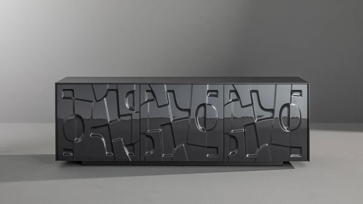 Contemporary Image sideboard by Bonaldo with abstract geometric bas-relief glass doors and matte bronze or lead metal base.