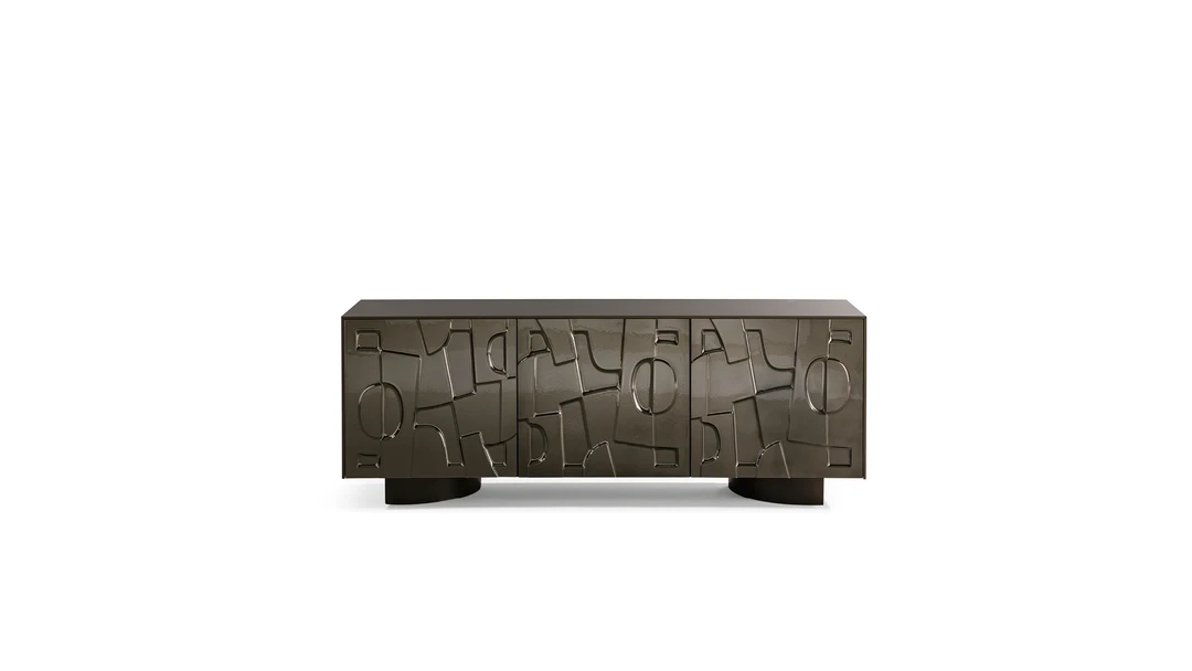 Bonaldo Image sideboard with molded glass doors featuring abstract geometric bas-relief pattern and matte bronze metal base.