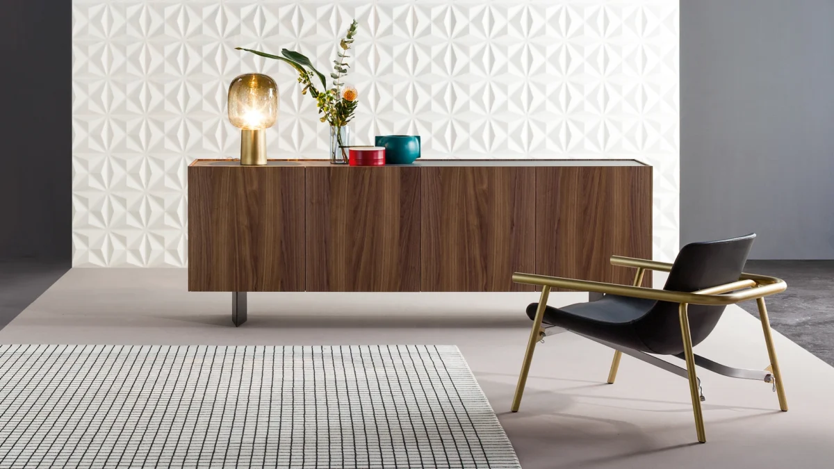 Bonaldo Outline contemporary sideboard combining warm Canaletto walnut structure and glossy ceramic top options.