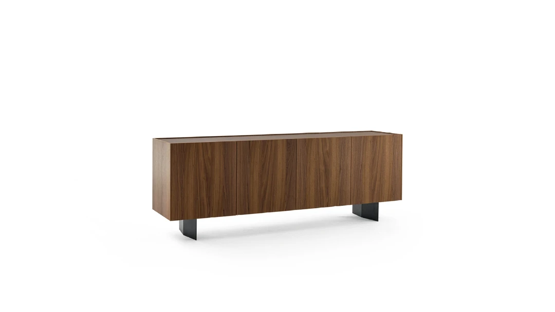Bonaldo Outline sideboard by Mario Mazzer in Canaletto walnut veneer with inset ceramic or wood top and minimalist metal base.