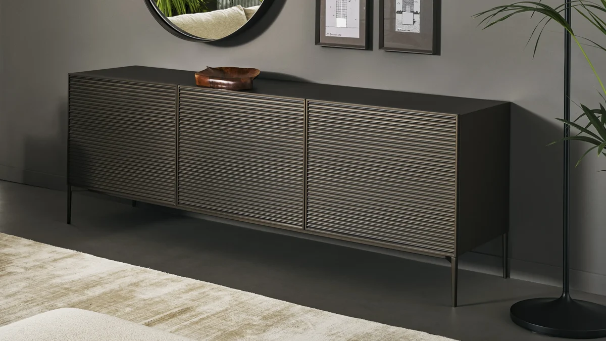 Bonaldo Ruler sideboard with slatted aluminum doors, lacquered wood frame, and metal base, offering a sleek and modern aesthetic.