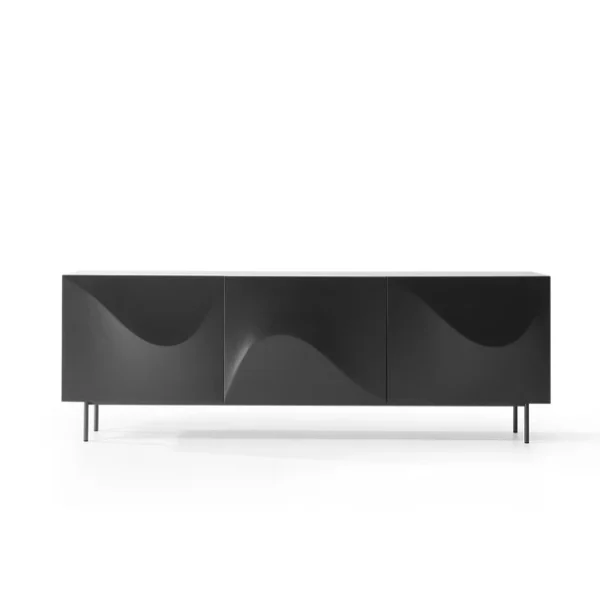Bonaldo Vertigo sideboard by Pocci & Dondoli, featuring undulating polyurethane doors, lacquered wood frame, and slender metal base.