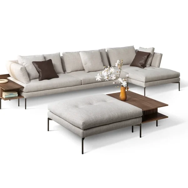 Alliances sideboard by Bonaldo with sculptural wood veneer front and slim metallic plinth base.