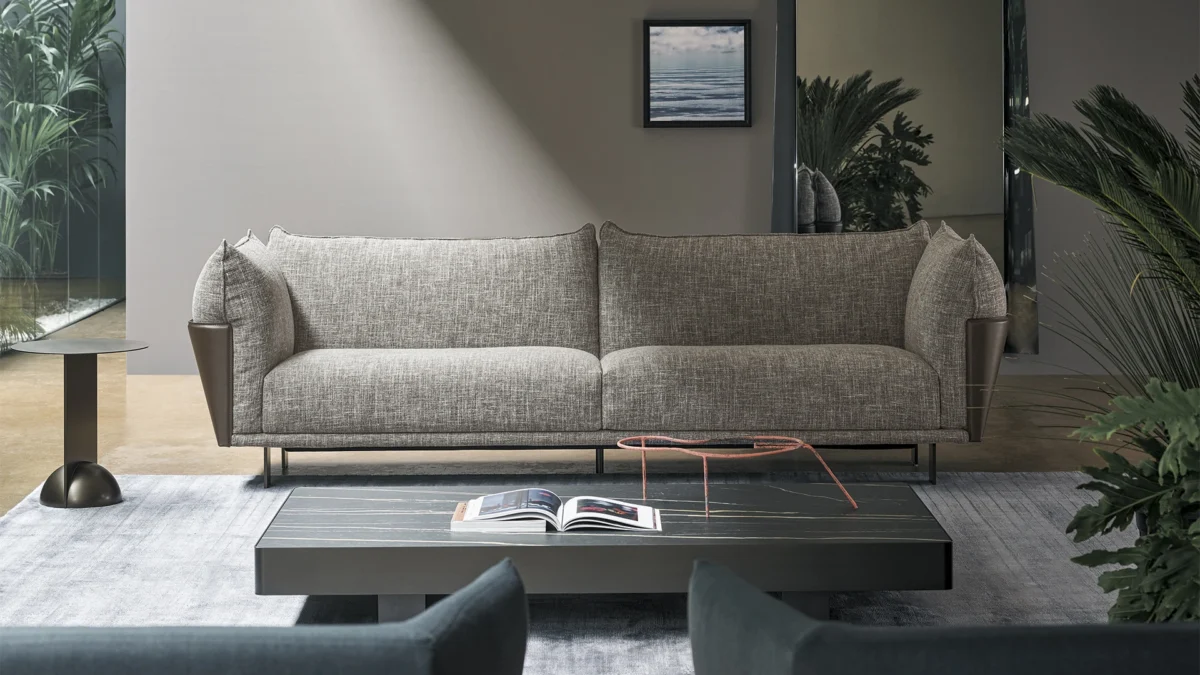 Luxury Blend sofa by Bonaldo with leather perimeter and velvet or fabric cushions in contemporary style.
