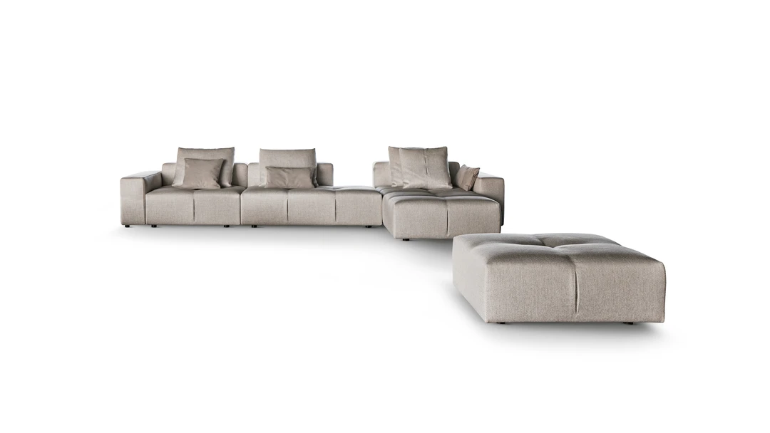 Bonaldo Bonamour modular sofa by Mauro Lipparini with plush back cushions, geometric volumes and fine pleated upholstery.