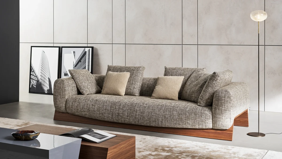 Modern Boolean lounge chair by Bonaldo featuring coal oak structural base and plush upholstery