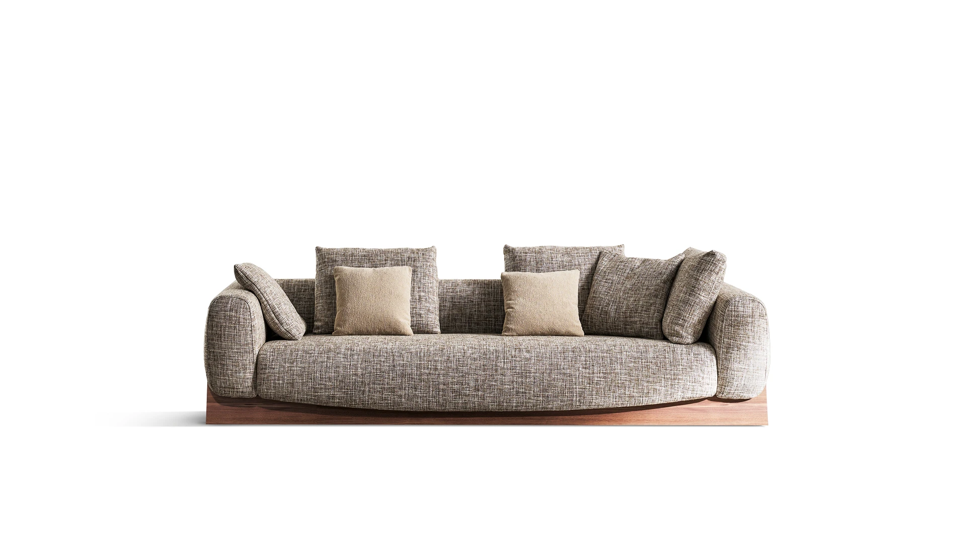 Bonaldo Boolean armchair with enveloping curved shell and solid walnut bridge‑style base