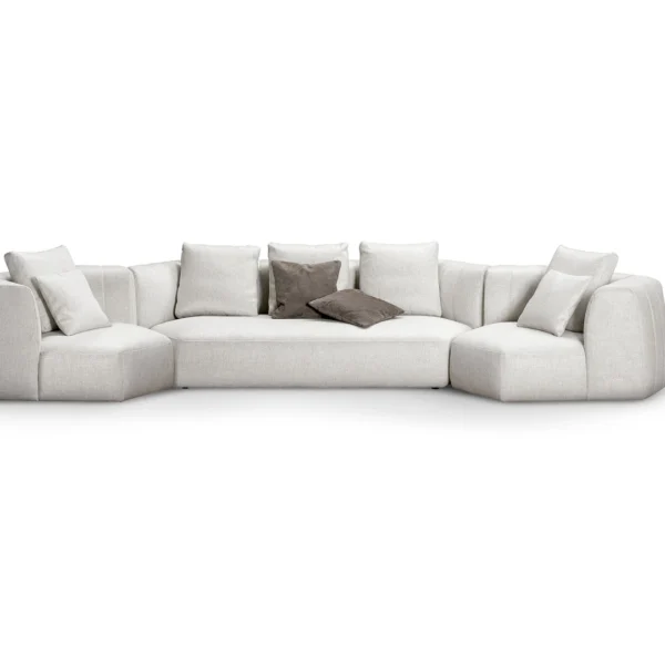 Panorama New modular sectional sofa by Bonaldo, featuring hexagonal pouf modules that combine into curved seating configurations