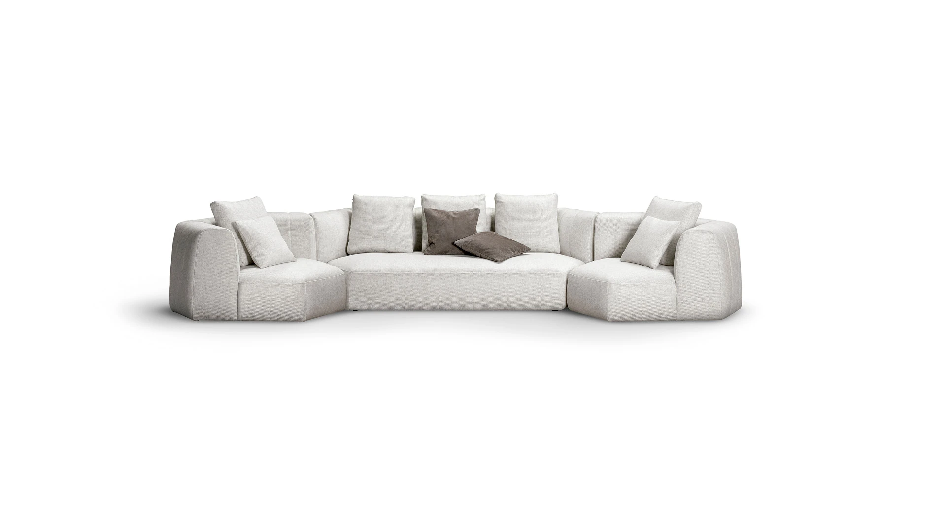 Panorama New modular sectional sofa by Bonaldo, featuring hexagonal pouf modules that combine into curved seating configurations