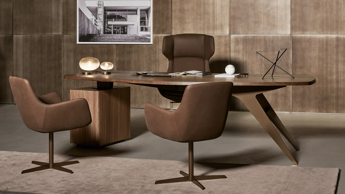 Diver office desk by Bonaldo designed by Mauro Lipparini – curved walnut top and designer metal frame